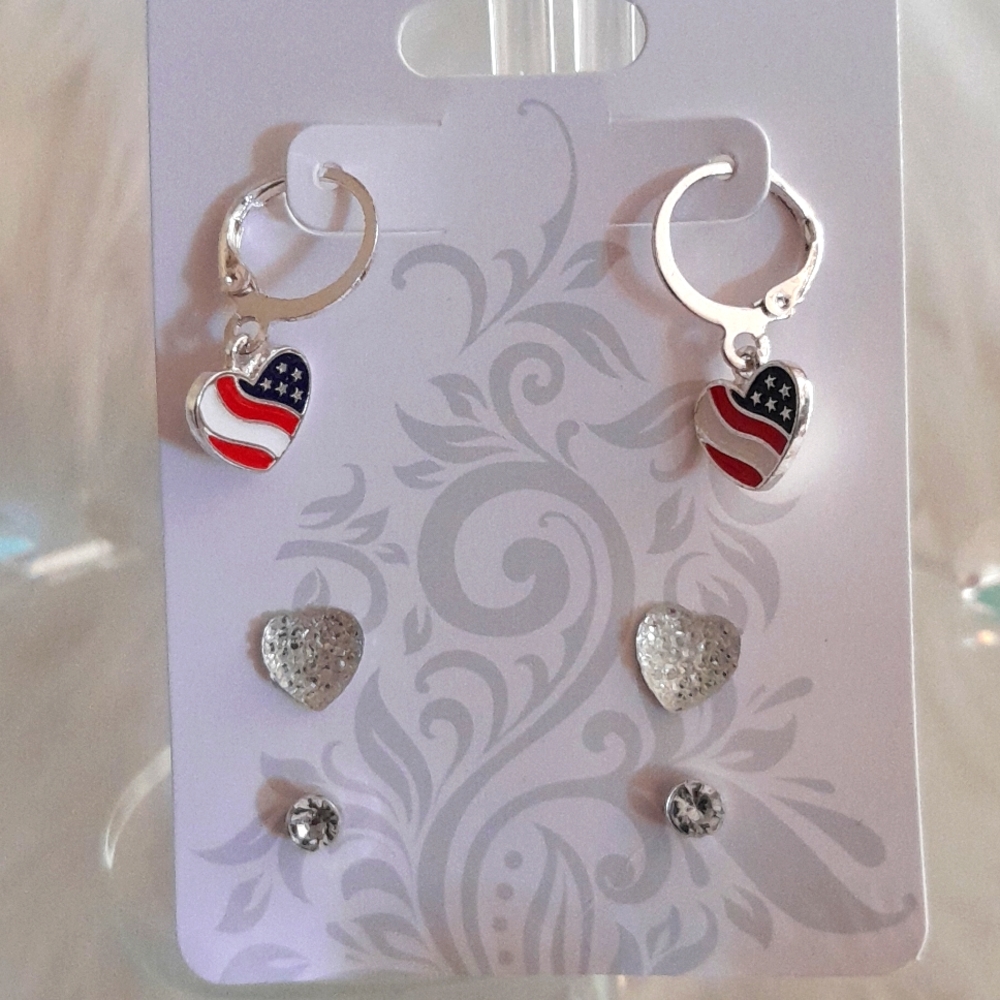 🇺🇲Red,White,Blue🇺🇲 Heart, Silver-toned Earrings, Set of 3